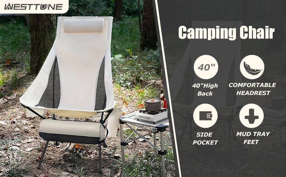 WESTTUNE Portable Folding Camping Chair with Headrest – Lightweight Aluminum Outdoor Chair